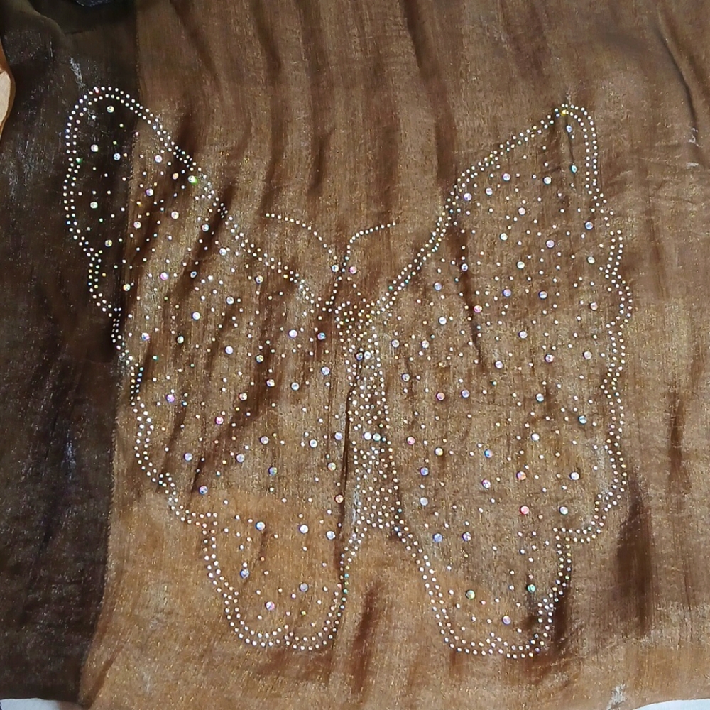 ✨ Long Sheer Bronze-Gold Shimmer Scarf Swarovski Crystal Butterflies Fairycore
